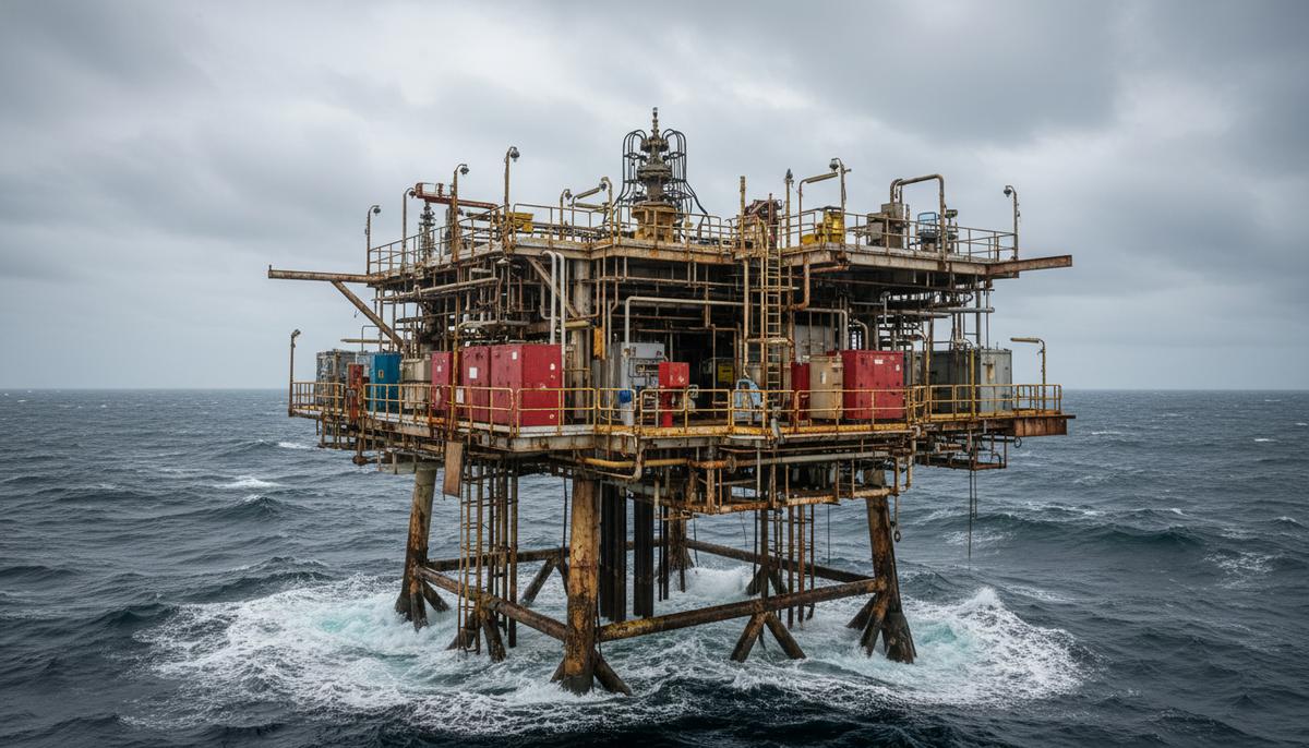 Морская нефтегазовая платформа в Северном море в пасмурную погоду. Вид на палубу со сложным оборудованием для скважин.