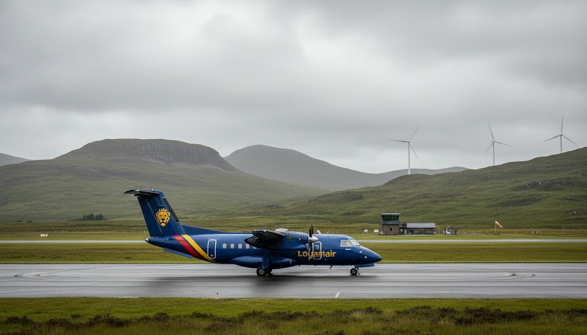 Loganair и ClimaHtech заключили 15-летнее соглашение о поставках SAF Региональный самолет авиакомпании Loganair на аэродроме в Шотландии на фоне зеленых холмов с ветряными турбинами.