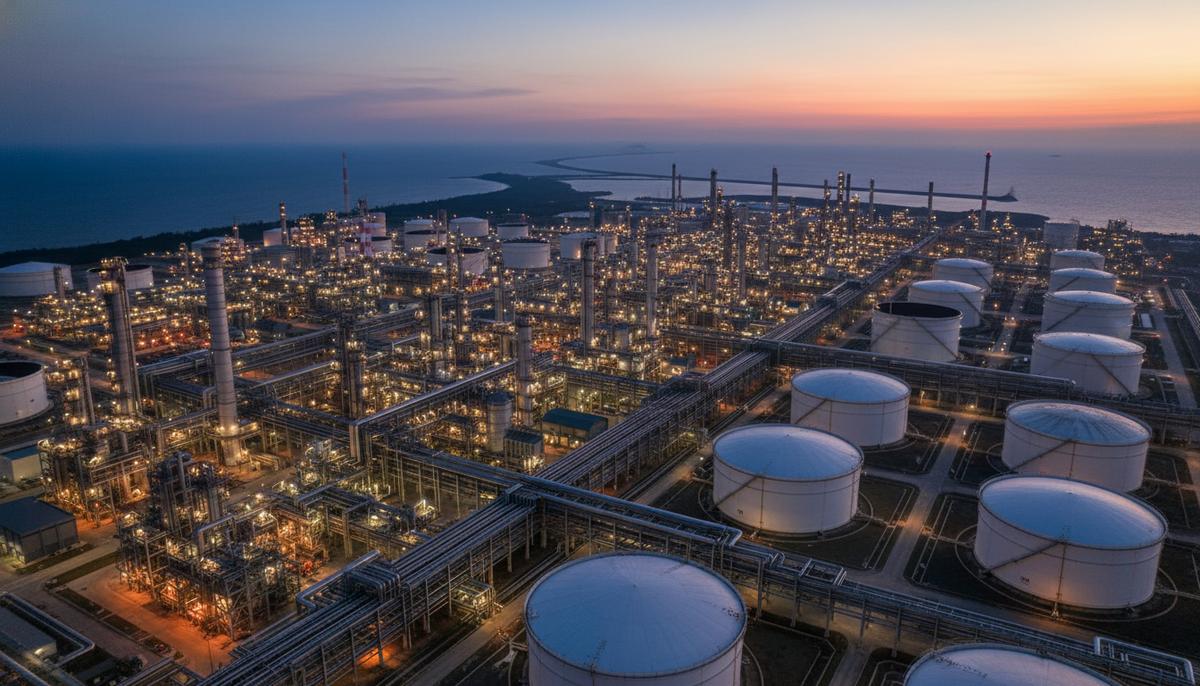 Масштабный нефтеперерабатывающий комплекс Pengerang в Малайзии на закате. Видны промышленные установки, трубы и резервуары.