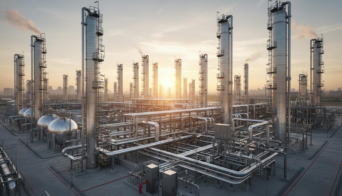 Современный нефтехимический завод с комплексом блестящих стальных труб, реакторов и дистилляционных колонн на рассвете.