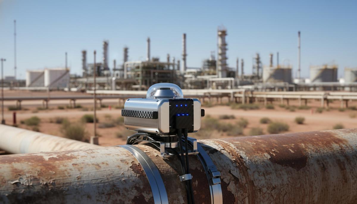 Aramco и Emerson разработают новое поколение систем контроля коррозии Современный датчик для мониторинга коррозии, установленный на промышленном трубопроводе на фоне нефтеперерабатывающего завода.