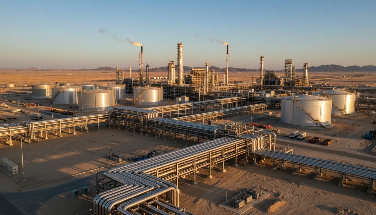 Крупный современный нефтехимический комплекс с сетью трубопроводов и резервуаров для хранения в пустыне Саудовской Аравии.