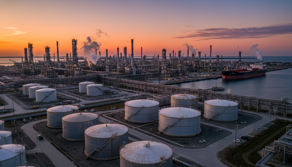 Крупный нефтеперерабатывающий завод на побережье в сумерках. Трубопроводы и большие резервуары для хранения топлива на переднем плане.