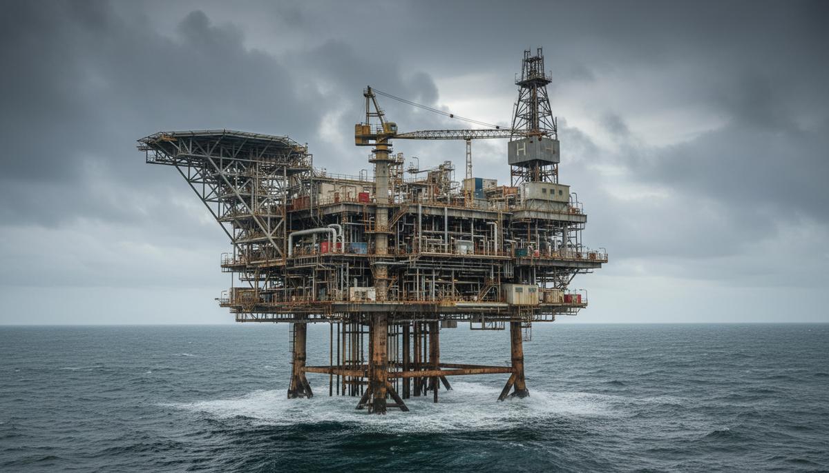 Морская газовая платформа в Ирландском море на фоне пасмурного неба с видимыми сложными конструкциями и трубами.