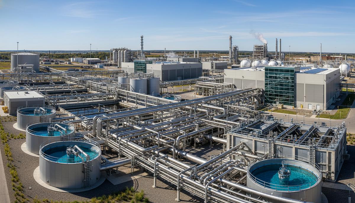 Xylem построит системы водоснабжения для проекта Dow Path2Zero в Канаде Современная промышленная станция водоочистки с комплексом труб, резервуаров и фильтрационных установок на территории химического завода.