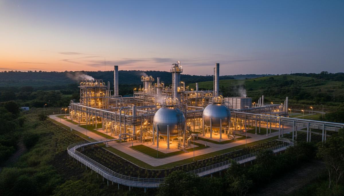 World Fuel зарезервировала будущие объемы SAF от Syzygy в Латинской Америке Современный завод по производству экологичного авиатоплива с реакторами и трубопроводами на фоне зеленых холмов в вечернем освещении.
