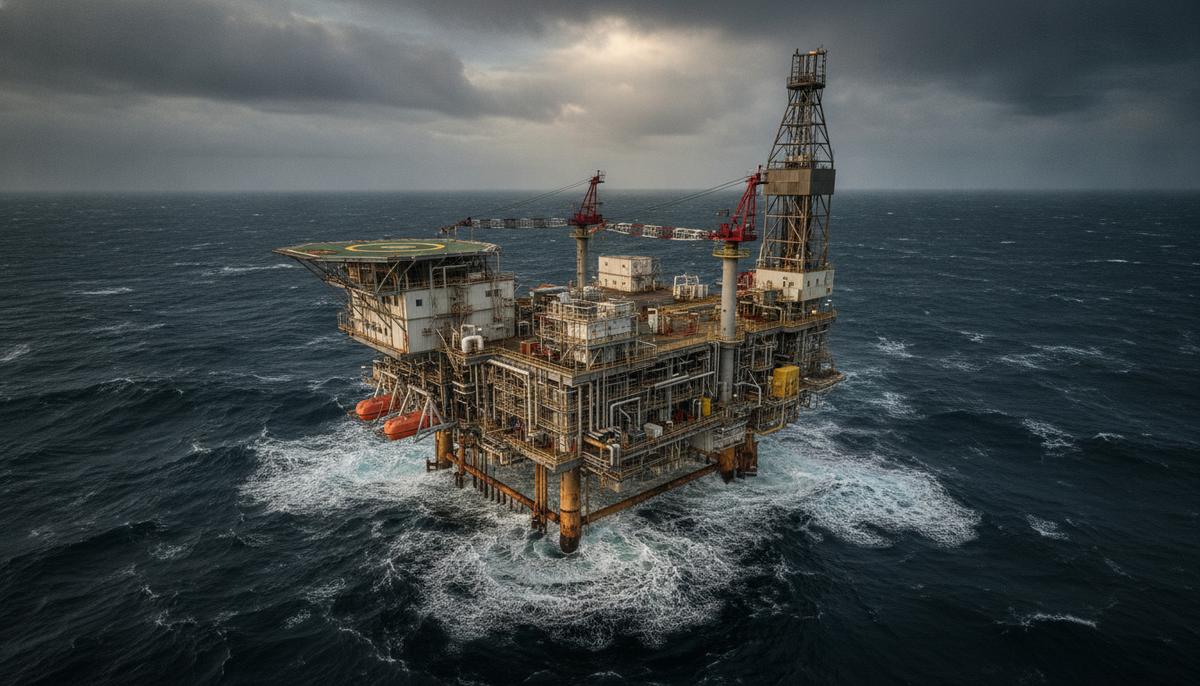 ABB модернизирует системы автоматизации на платформе Buzzard в Северном море Морская нефтегазовая платформа Buzzard с комплексом оборудования и вертолетной площадкой в неспокойных водах Северного моря.