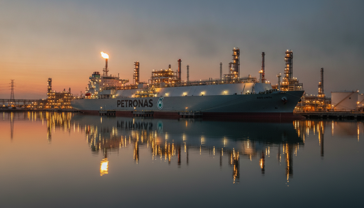 PETRONAS и JERA заключили 20-летний контракт на поставку СПГ в Японию Современный СПГ-танкер с логотипом PETRONAS у причала крупного газового терминала на закате.