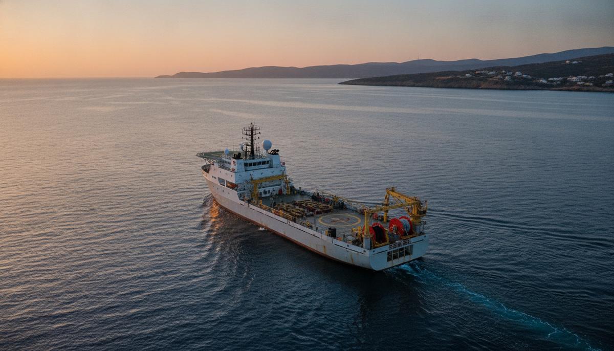 Шельфовое разведочное судно в Ионическом море на рассвете, на заднем плане виден берег Греции.