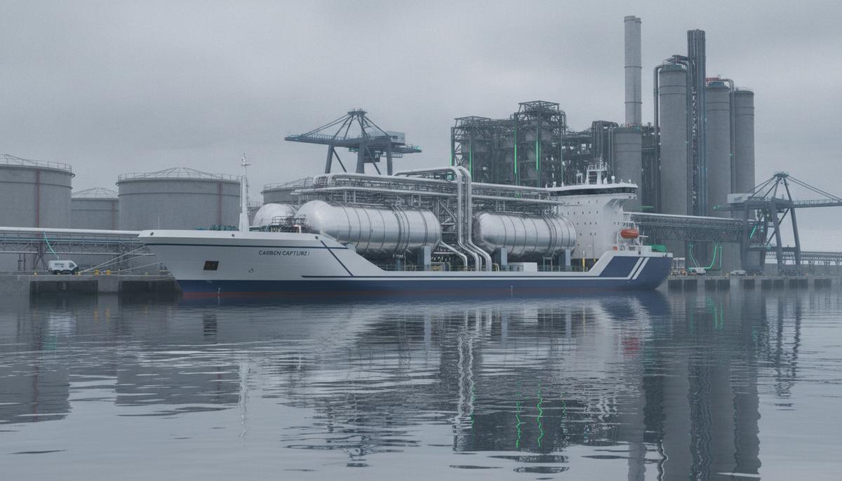 Специализированное судно-газовоз для перевозки CO2 у причала в промышленном порту рядом с резервуарами для хранения и трубопроводами.