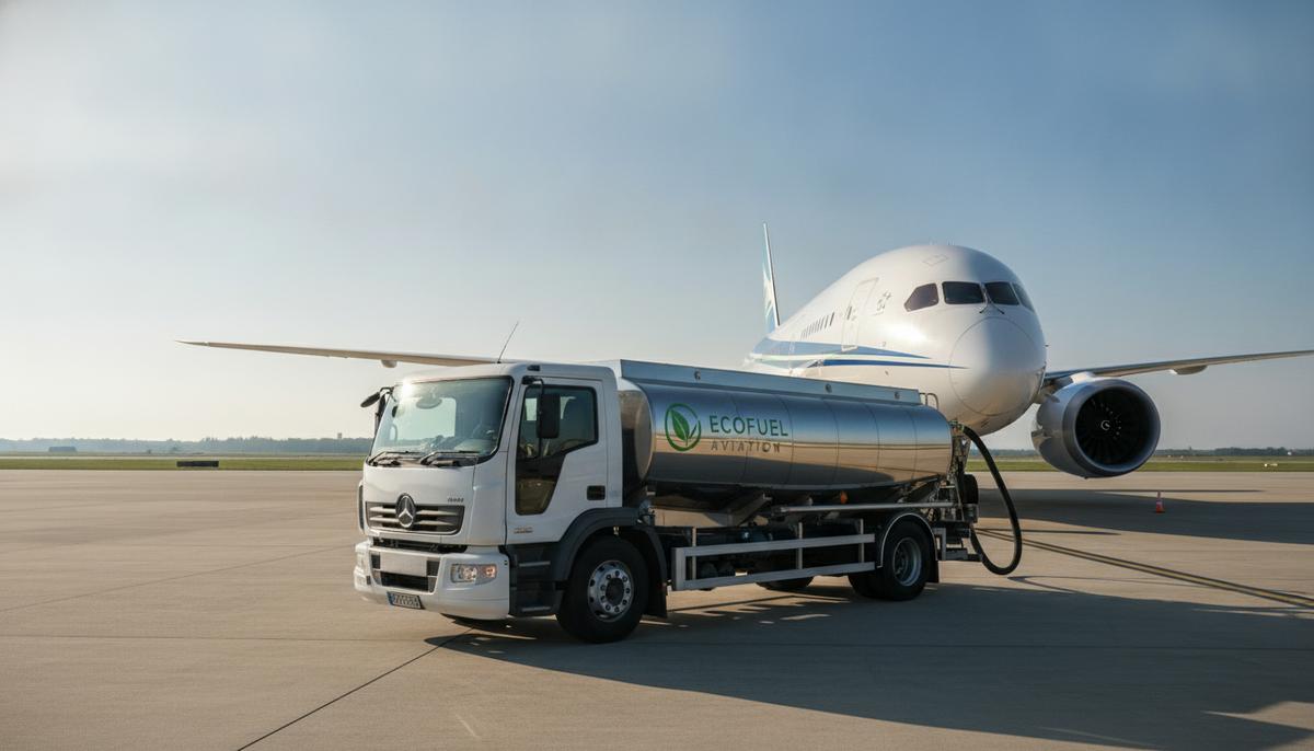 British Airways продлила контракт с EcoCeres на поставку SAF до 2030 года Топливозаправщик с зеленым логотипом заправляет крыло пассажирского самолета на аэродроме солнечным утром.