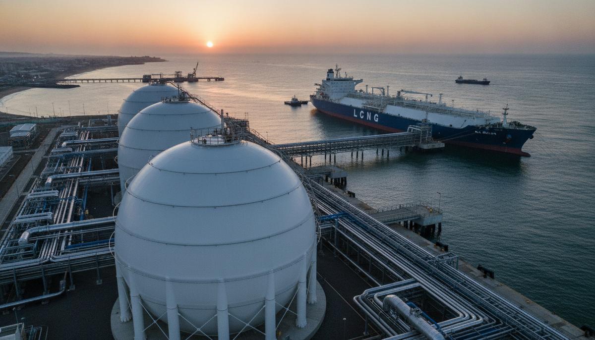 ExxonMobil поддержит проект по строительству первого СПГ-терминала в ЮАР Современный СПГ-терминал в порту Ричардс-Бей. На берегу расположены большие сферические резервуары для газа и трубопроводы. У причала стоит крупный газовоз на фоне восходящего солнца.