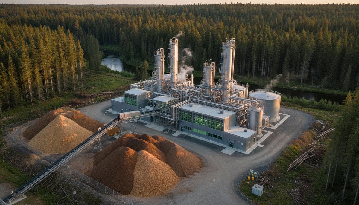 Современный завод по производству биотоплива на фоне канадского леса. Рядом с комплексом находятся кучи древесной щепы.