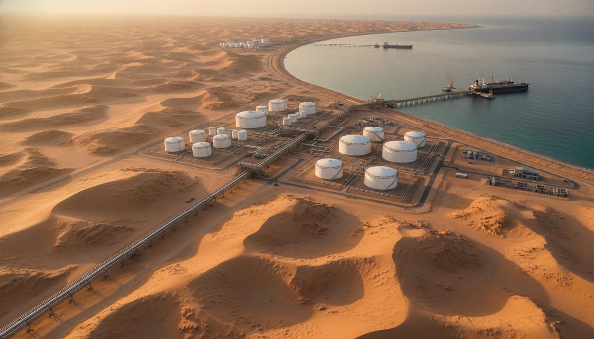 ОАЭ выходят из ОПЕК: как изменится мировой рынок нефти Современный нефтепровод в пустыне, ведущий к крупному нефтяному терминалу с резервуарами для хранения на берегу Оманского залива.