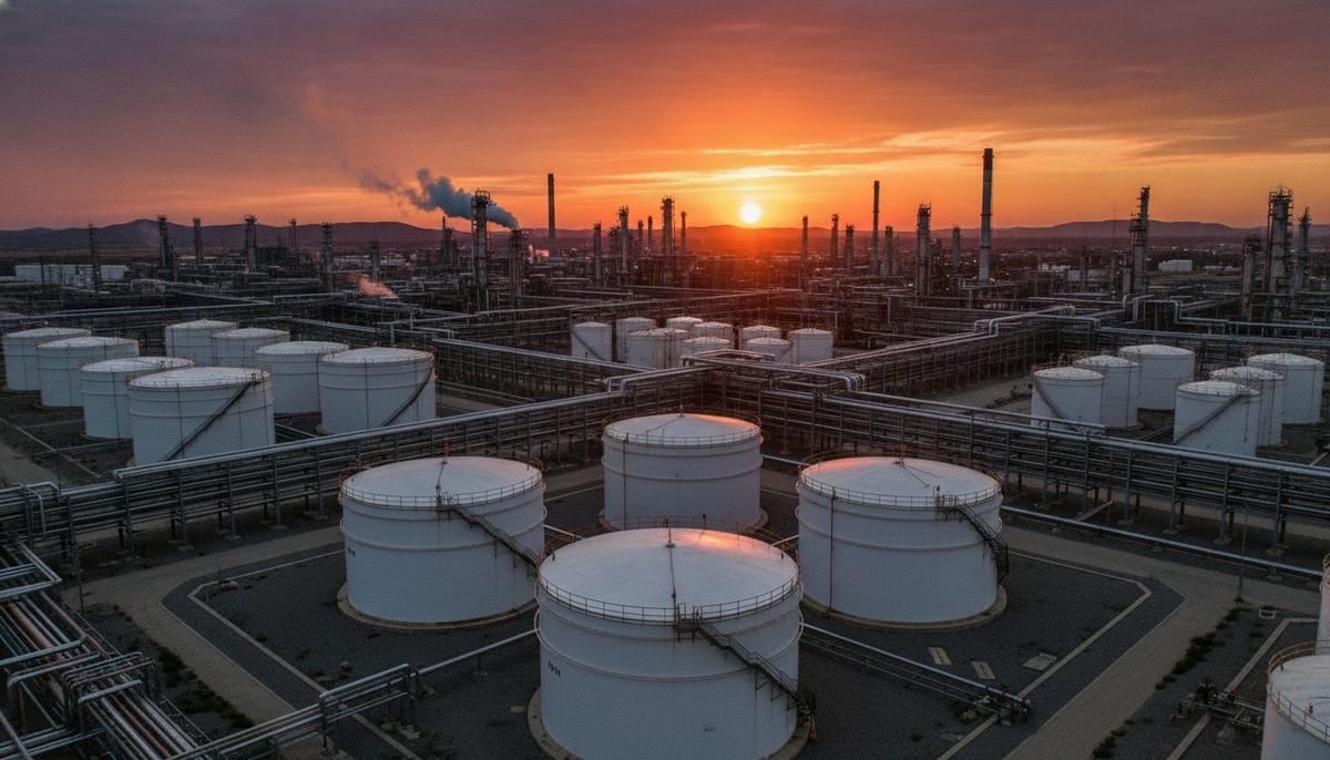 Нефтеперерабатывающий завод с большими белыми резервуарами для хранения и сетью трубопроводов на закате.