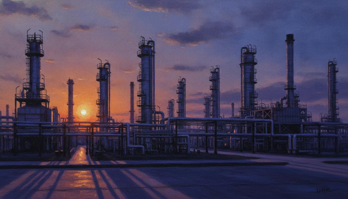 Обширный нефтеперерабатывающий завод с дистилляционными колоннами и трубопроводами на закате, без признаков активности.