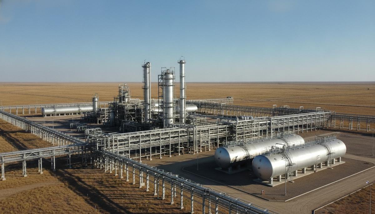 Современный завод по производству промышленных газов с высокими колоннами, трубопроводами и резервуарами в степном пейзаже.