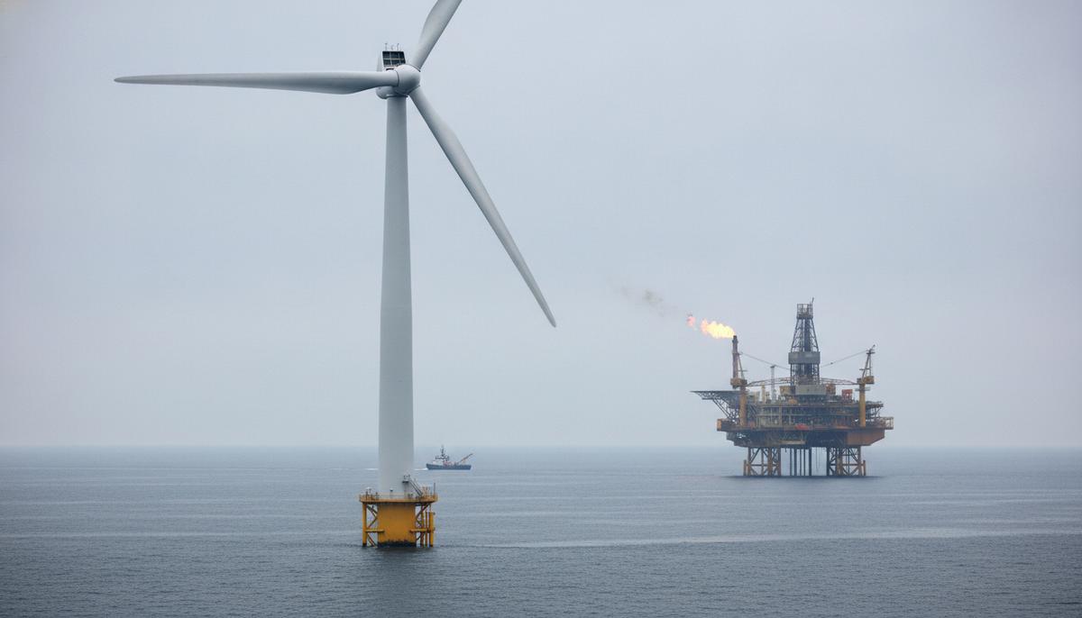 Морская ветряная турбина в море на фоне нефтяной платформы, виднеющейся вдали на горизонте.