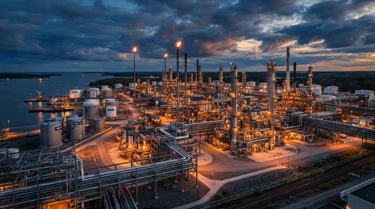 Промышленный пейзаж нефтеперерабатывающего завода Neste в Порвоо с освещенными трубами, резервуарами и ректификационными колоннами на фоне вечернего неба.