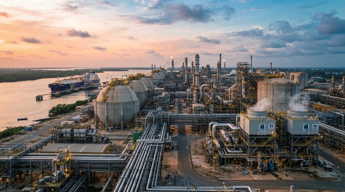 Baker Hughes получила 13-летний контракт на обслуживание СПГ-проекта в Нигерии Завод по сжижению природного газа на острове Бонни в Нигерии: крупные резервуары для хранения и промышленные установки.