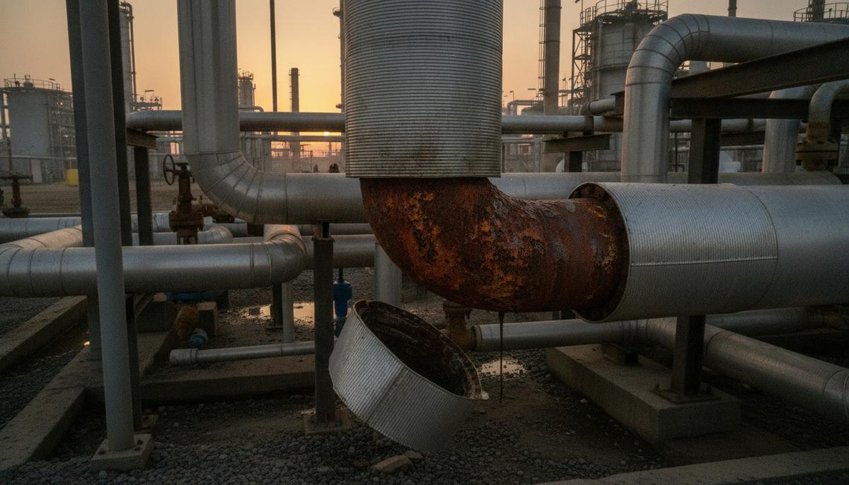 Промышленный трубопровод на нефтеперерабатывающем заводе с частично снятой изоляцией, обнажающей ржавчину и коррозию.