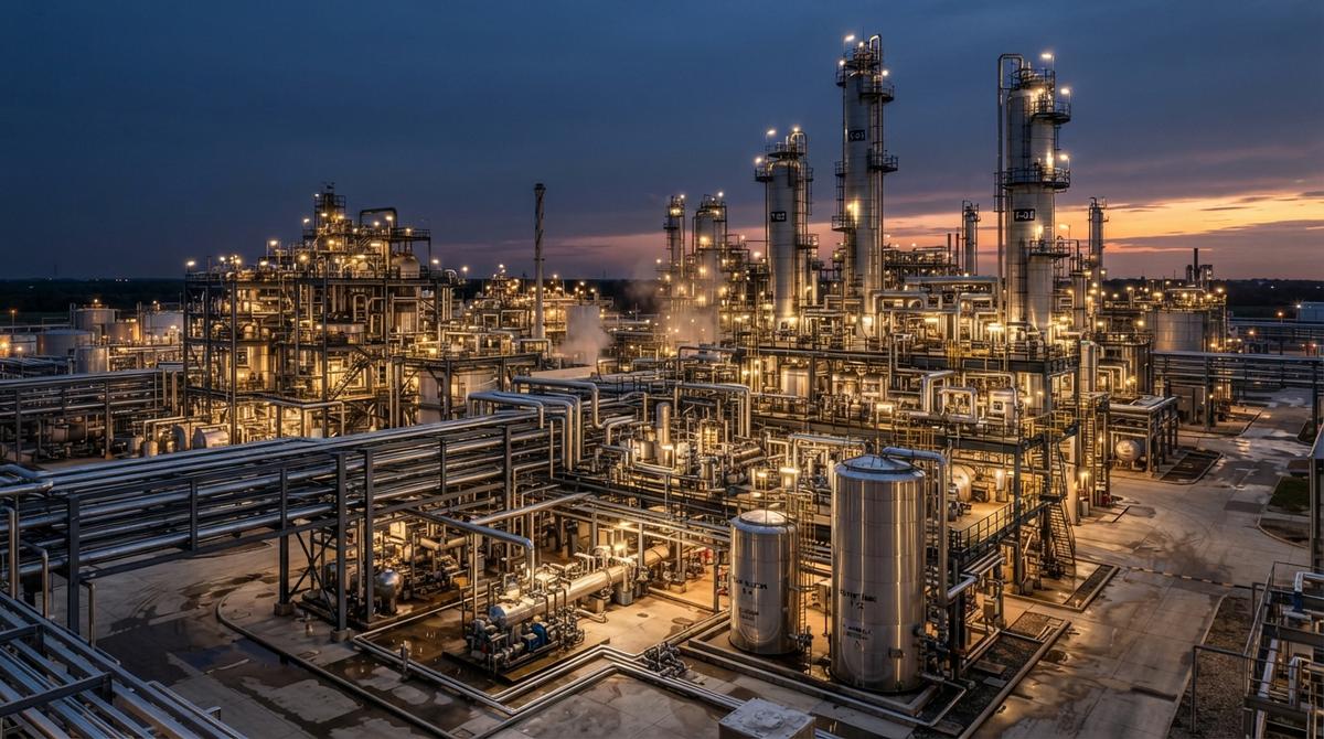 BASF завершил продажу бизнеса покрытий Carlyle за 7,7 млрд евро Современный химический завод в сумерках с освещенными стальными резервуарами, трубопроводами и производственными башнями.
