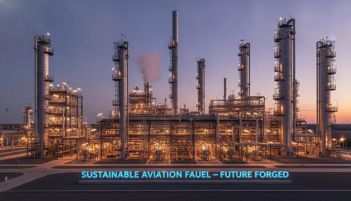 Axens купила у Air Liquide технологии для производства SAF из метанола Современный нефтехимический завод с реакторами, трубопроводами и ректификационными колоннами в вечернем освещении.