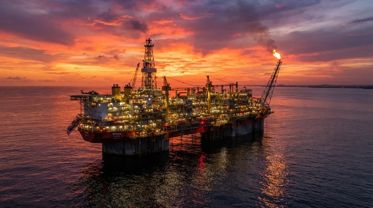 Морская нефтегазовая платформа у побережья Нигерии на закате, освещенная огнями, с отражением в спокойной воде.