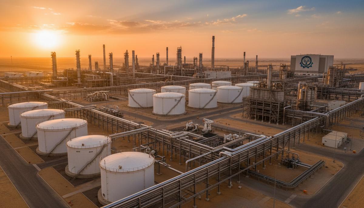 Aramco заключила с Worley 5-летний контракт на управление мегапроектами Панорама современного нефтеперерабатывающего завода в саудовской пустыне на закате. Трубопроводы и резервуары в лучах солнца.