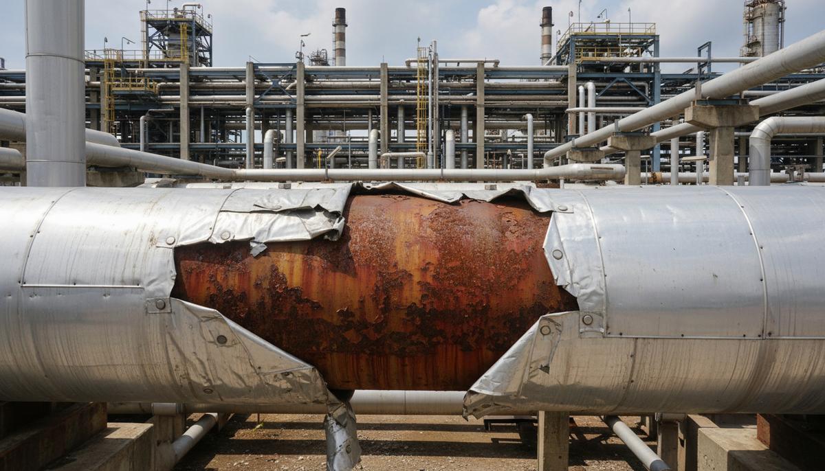 Крупнейшие компании объединились для борьбы с коррозией в нефтегазе Крупный план промышленного трубопровода с частично снятой теплоизоляцией, под которой видна сильная ржавчина и коррозия на поверхности стали.