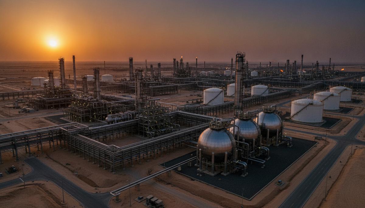 Worley получила долгосрочный контракт от Aramco для проектов в Саудовской Аравии Масштабный нефтеперерабатывающий завод с комплексом труб, резервуаров и башен в пустыне Саудовской Аравии на закате.