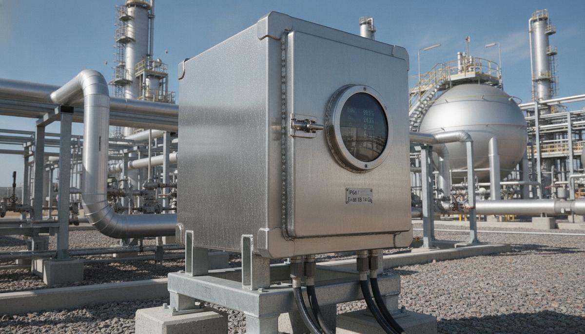 AMETEK представила взрывозащищенные газоанализаторы серии 993X Взрывозащищенный газоанализатор на фоне трубопроводов и оборудования газоперерабатывающего завода на открытом воздухе.