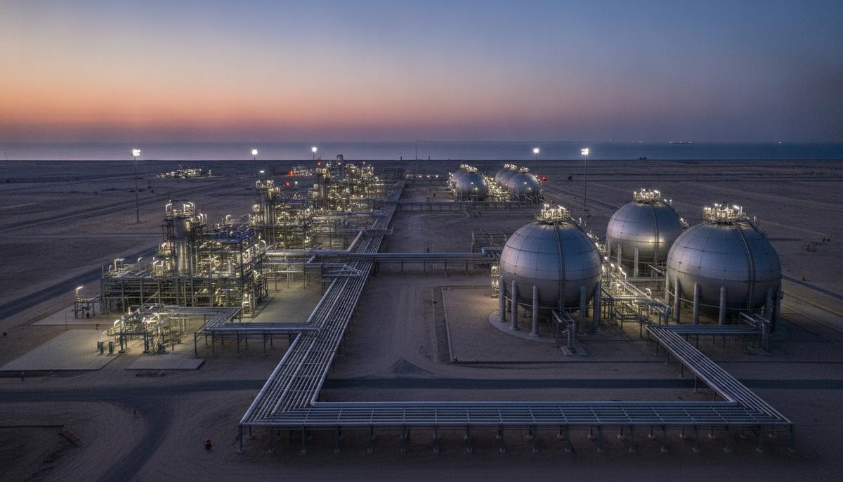 ADNOC заключила контракт на поставку 1 млн тонн СПГ в год в Японию Современный завод по производству СПГ в пустыне на закате. Вид на освещенные резервуары для хранения газа и технологические установки.