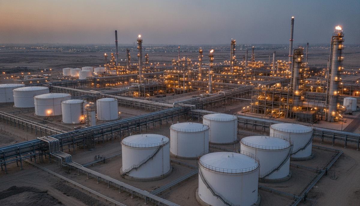 Современный нефтеперерабатывающий завод с трубопроводами и резервуарами для хранения на фоне пустынного пейзажа во время заката.