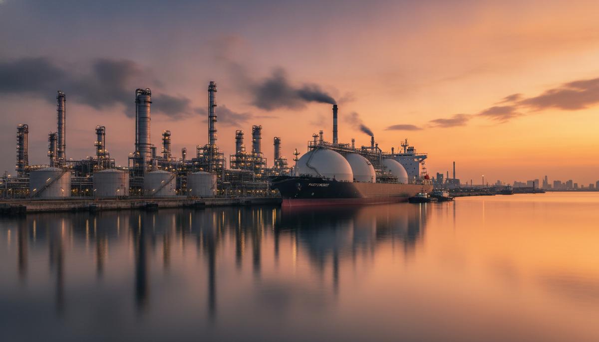 ADNOC и Mitsui расширяют сотрудничество в энергетике и химии СПГ-танкер в порту у причала современного нефтехимического комплекса с резервуарами и трубами на фоне восхода солнца.