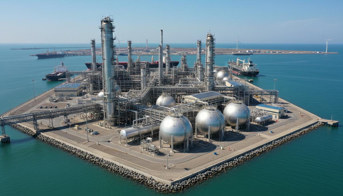 ABB поставит Ethernet-APL расходомеры на нефтехимический комплекс в Китае Современный нефтехимический комплекс с многочисленными трубами, резервуарами и промышленными установками на острове.