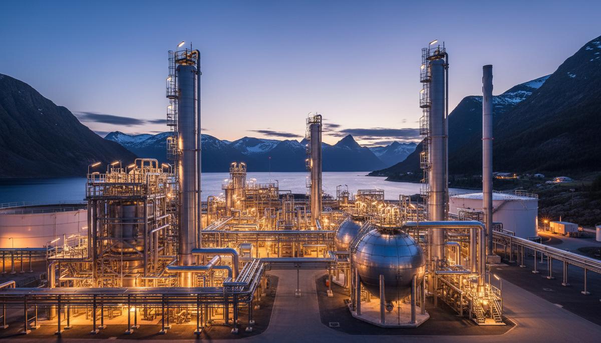 INEOS и Recuro построят в Норвегии завод по химической переработке пластика Промышленный комплекс по химической переработке пластика с освещенными трубами и цистернами на побережье Норвегии.