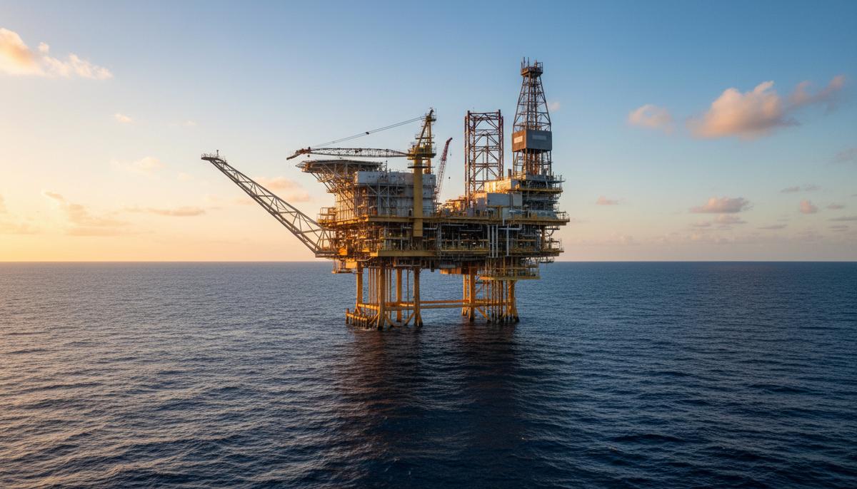 Нефтегазовая платформа в открытом море в Мексиканском заливе на фоне спокойной воды и неба на закате.
