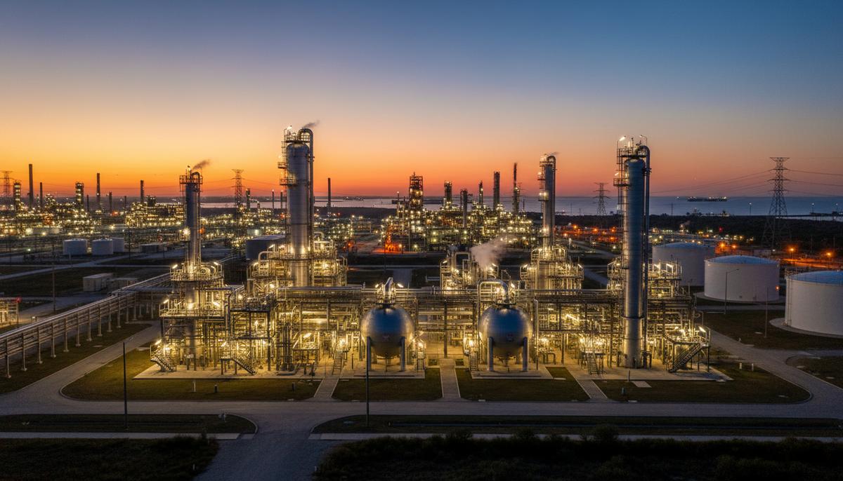 Современный химический завод по производству синтез-газа в Техасе на закате. Промышленный комплекс с трубами и реакторами на фоне прибрежного пейзажа.
