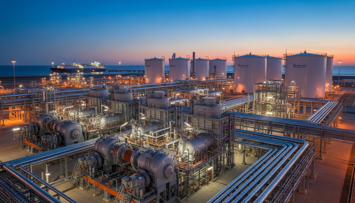 Еврокомиссия одобрила сделку Baker Hughes и Chart Industries с условиями Современный завод по сжижению природного газа с трубопроводами, компрессорной установкой и криогенными резервуарами в вечернем освещении.