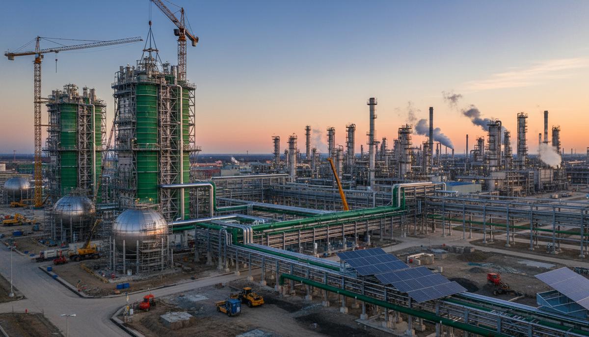 ЕИБ выделил OMV €450 млн на завод по производству зеленого водорода в Австрии Новый завод по производству зеленого водорода с электролизерами и резервуарами на фоне нефтеперерабатывающего комплекса в утреннем свете.