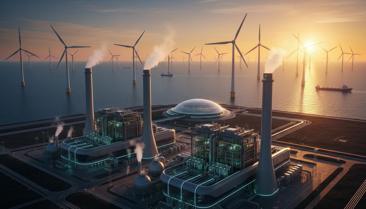 Siemens Energy сменит название на Omterra в рамках ребрендинга Современная энергетическая станция на рассвете, на фоне которой в море виднеются морские ветряные турбины.