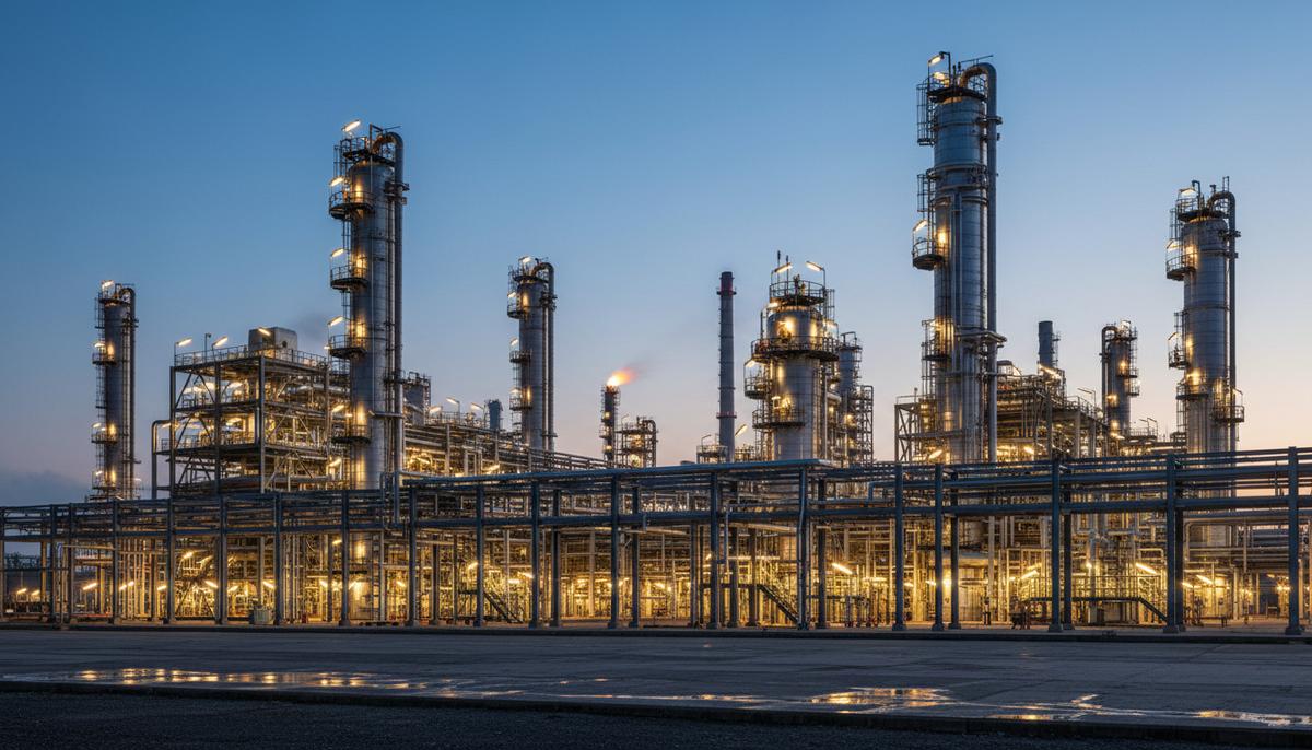 Крупнейший НПЗ Румынии сократил число аварийных сигналов на 95% Крупный нефтеперерабатывающий завод в сумерках, освещенный огнями. Видны промышленные установки, переплетения труб и резервуары.