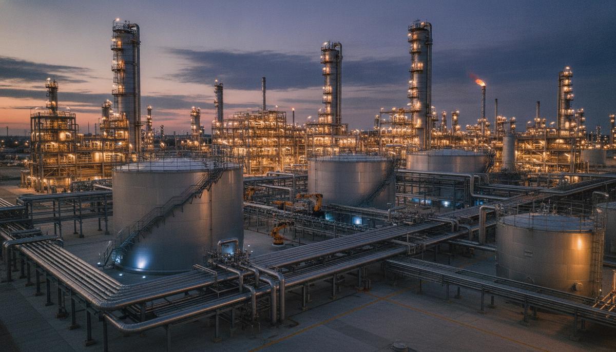 Панорама современного нефтеперерабатывающего завода на закате: промышленные резервуары, трубопроводы и ректификационные колонны.