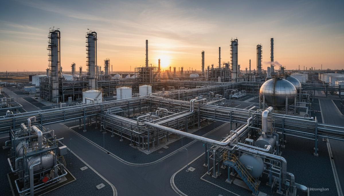 Johnson Matthey продала катализаторный бизнес Honeywell за £1,325 млрд Современный нефтехимический завод с комплексом промышленных установок, переплетением труб и реакторов в лучах утреннего солнца.
