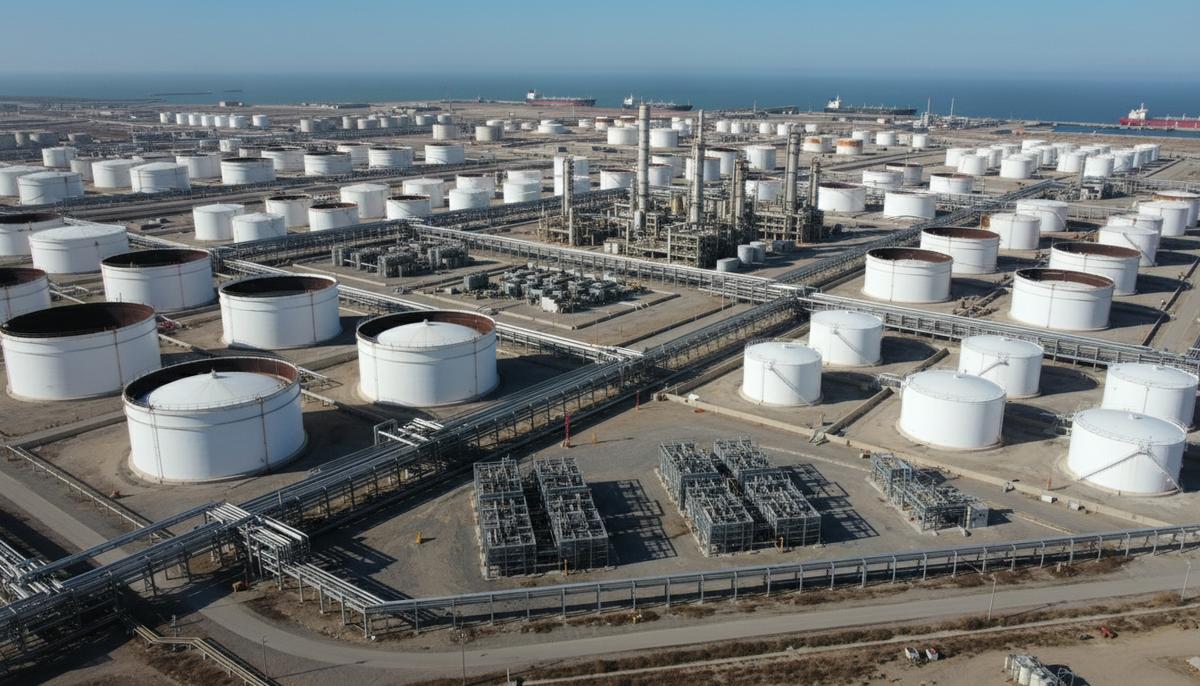 Коммерческие запасы нефти и нефтепродуктов в США показали рост Крупный нефтеперерабатывающий завод с рядами больших белых резервуаров для хранения нефти и сложной системой трубопроводов.