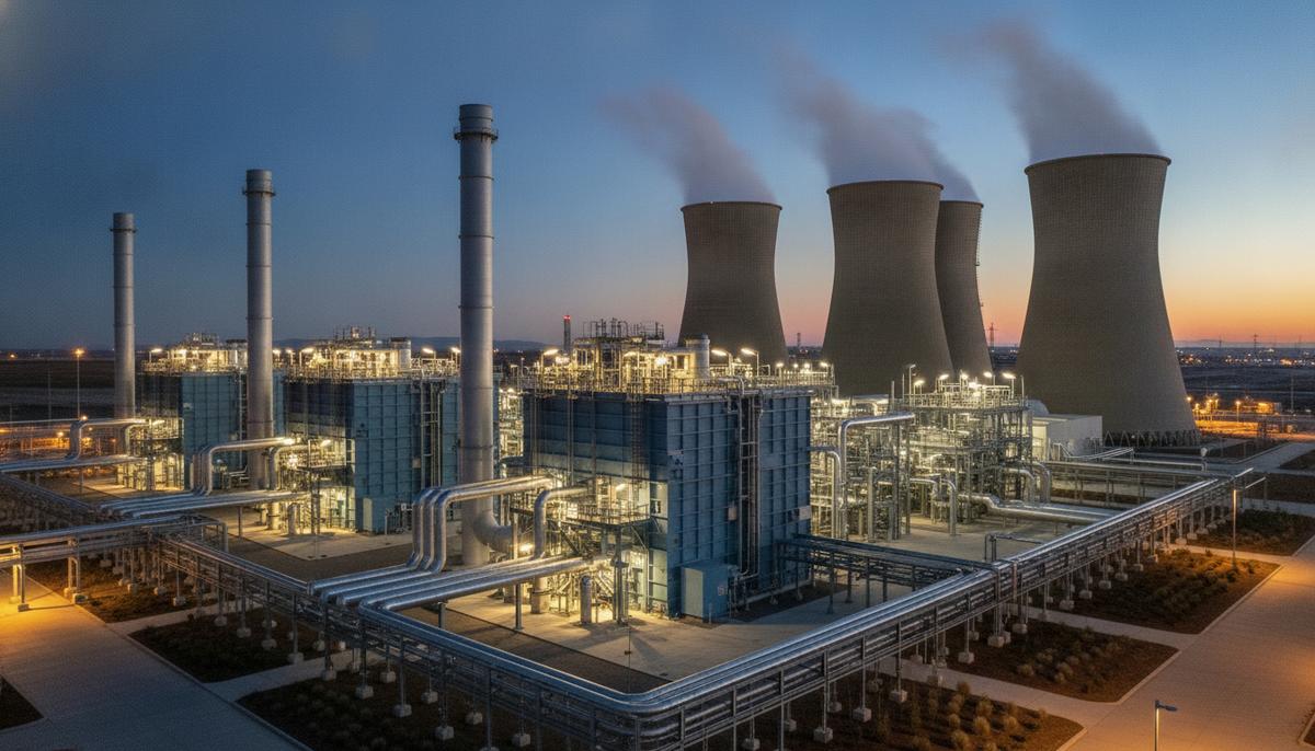 Johnson Matthey купила Cormetech для лидерства на рынке контроля выбросов Современная газовая электростанция с трубопроводами и установками каталитической очистки выбросов на закате.