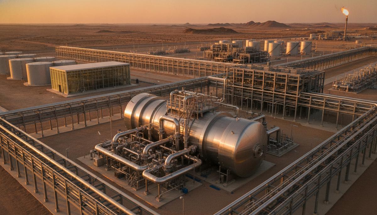 Ebara Elliott Energy поставит компрессоры для мегапроекта на Ближнем Востоке Крупный центробежный компрессор на современном газоперерабатывающем заводе в пустыне на фоне сложной системы трубопроводов.