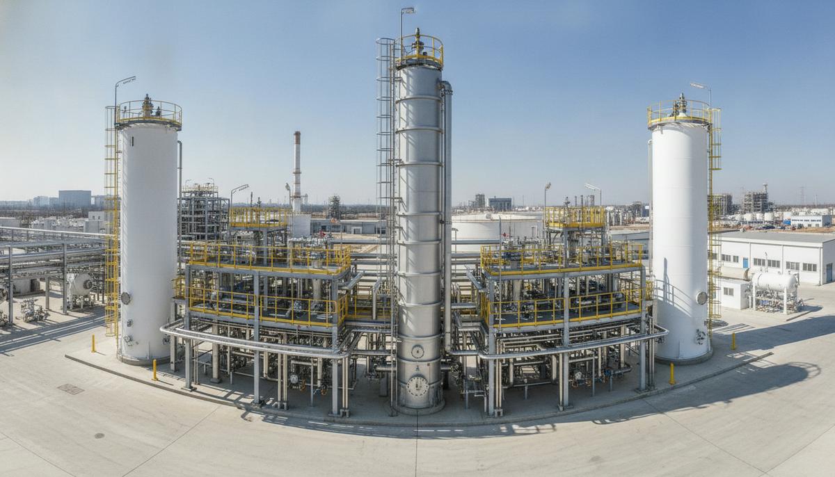 Nuberg EPC завершила поставку системы поглощения хлора для BRINSA в Колумбии Современный химический завод с комплексом труб, резервуаров и центральной абсорбционной колонной для переработки хлора.