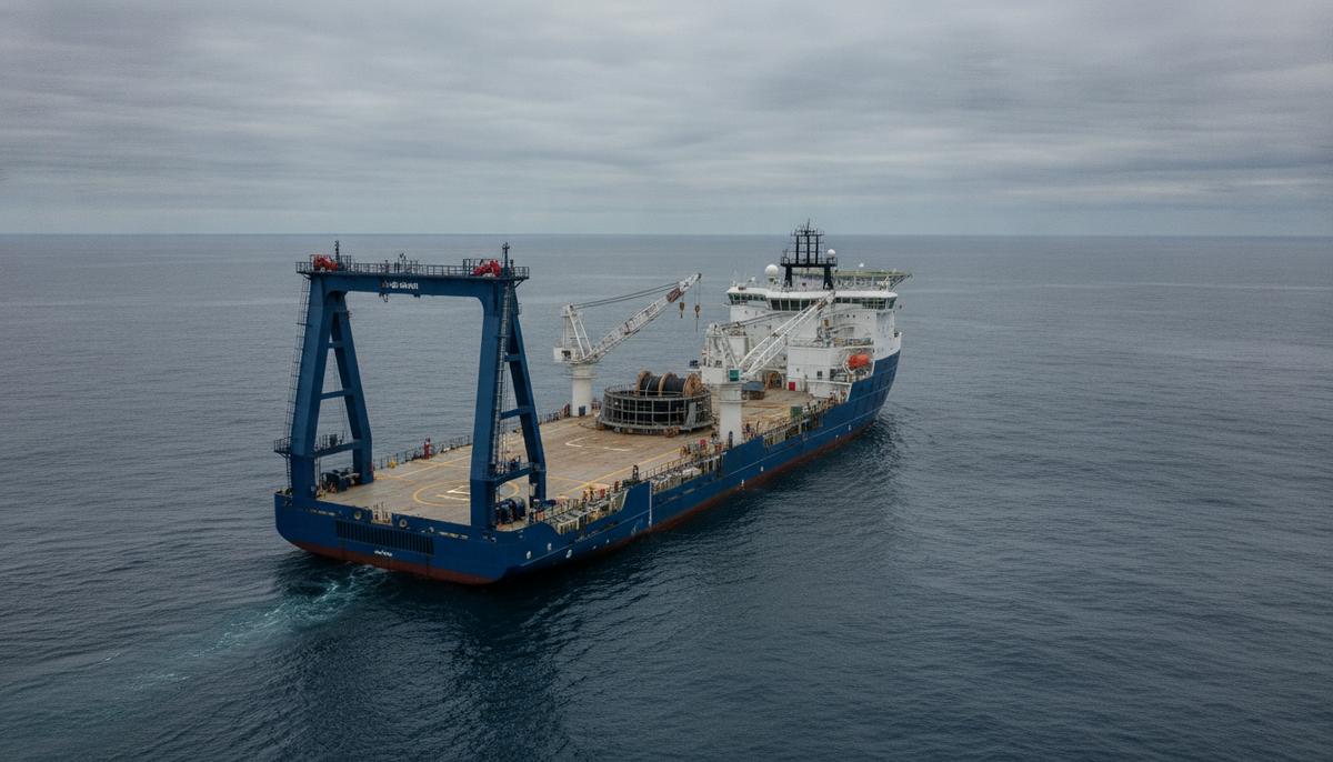 Huisman поставит оборудование для нового судна-установщика Solstad и SBM Палуба морского судна-установщика с большой А-образной рамой, шарнирно-сочлененным краном и корзиной для кабелей в открытом море.